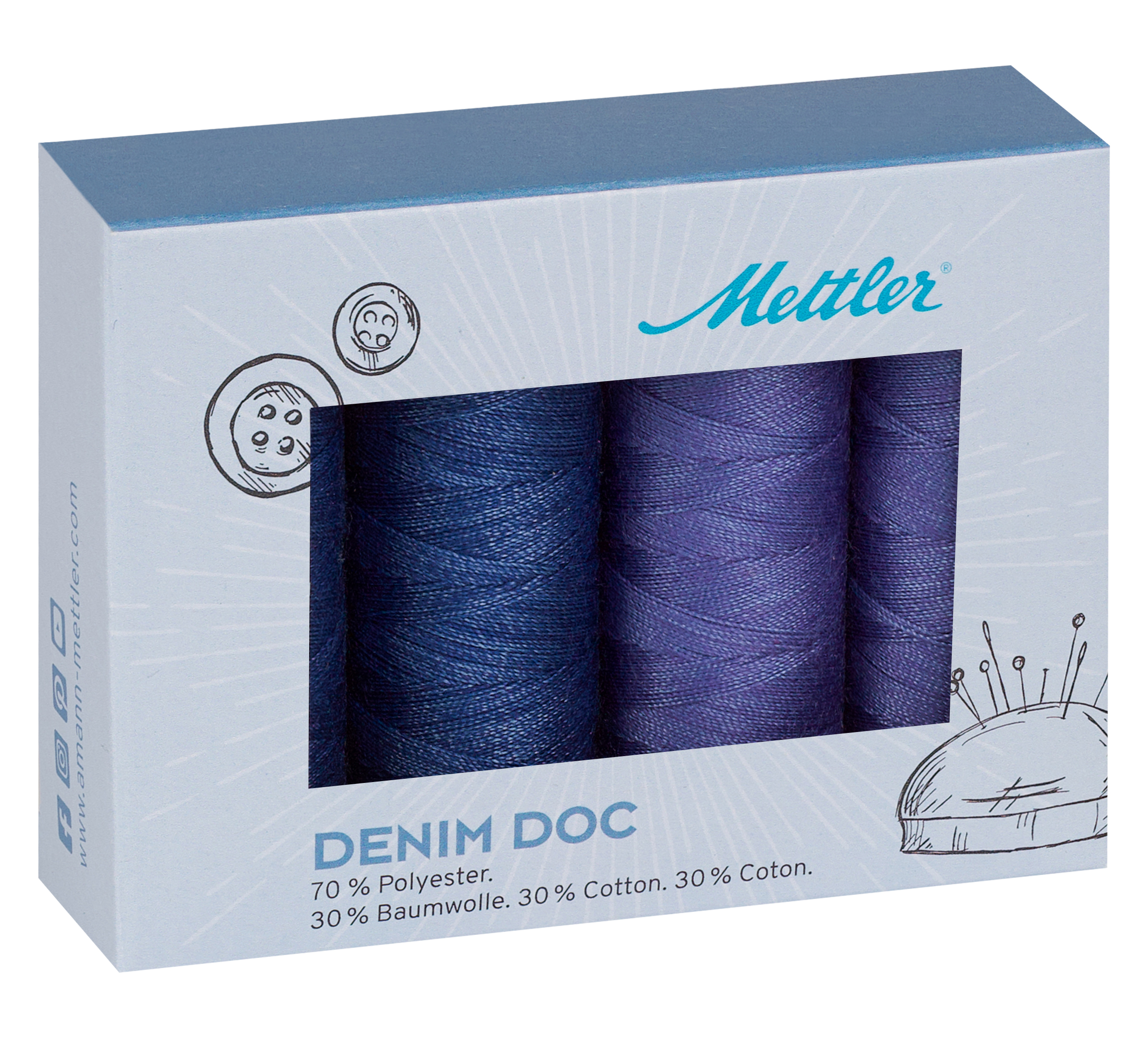  Mettler Universalnähgarn DENIM DOC®. Es enthält 4 Spulen dunkelblau à 50 m – das perfekte Farbspektrum für aufregende Werke.